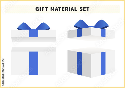 蓋が開いた青いリボンのプレゼントイラスト素材セット