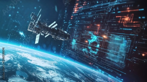 A satellite defense system scanning Earth's surface, detecting potential threats with high-tech AI surveillance and holographic war maps. Photorealistic 4K photography.