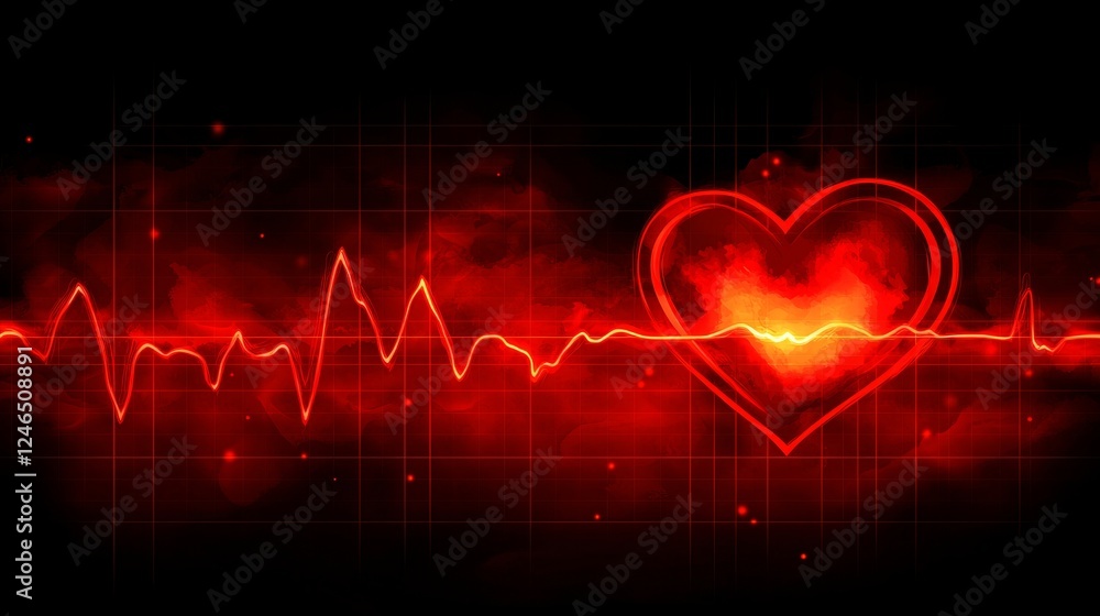 Glowing Red Heartbeat Trace with Burning Heart, Symbolic of Health, Love, and Passion Glowing Red Heartbeat Trace with Burning Heart, Symbolic of Health, Love, and Passion