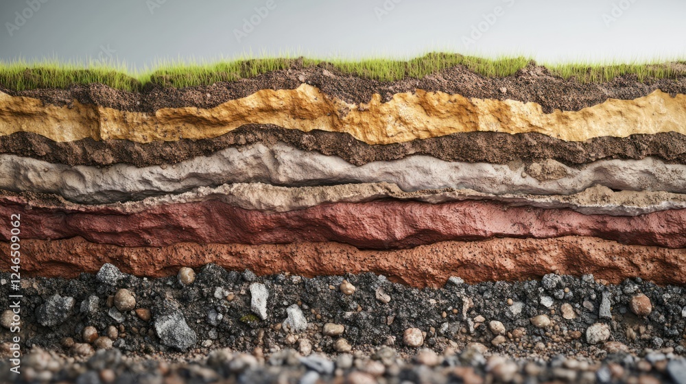 A scientific geological cross-section displaying soil stratification, complete with realistic moisture gradients and mineral deposits. Ultra-sharp 4K photography