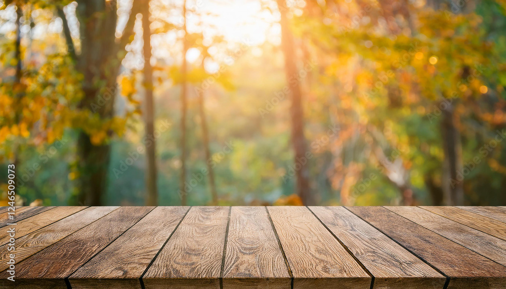 Empty old rustic wood plank table top with blur forest tree with sunlight, Autumn fall backgorund