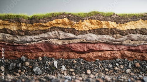 Obraz na płótnie A scientific geological cross-section displaying soil stratification, complete with realistic moisture gradients and mineral deposits. Ultra-sharp 4K photography w salonie