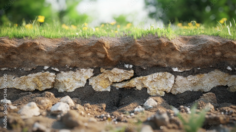 A scientific visualization of soil layers in a natural setting, showing organic decomposition, compacted clay, and mineral deposits. Photorealistic 4K image. A scientific visualization of soil layers in a natural setting, showing organic decomposition, compacted clay, and mineral deposits. Photorealistic 4K image.
