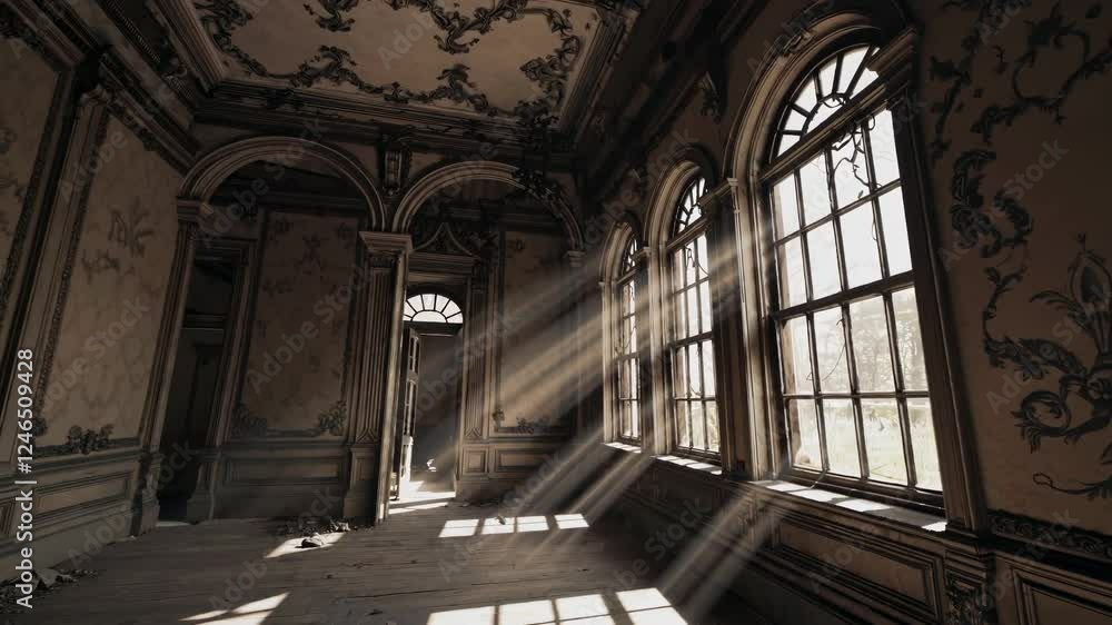 Abandoned historical building with intricate architecture illuminated by sunlight Abandoned historical building with intricate architecture illuminated by sunlight