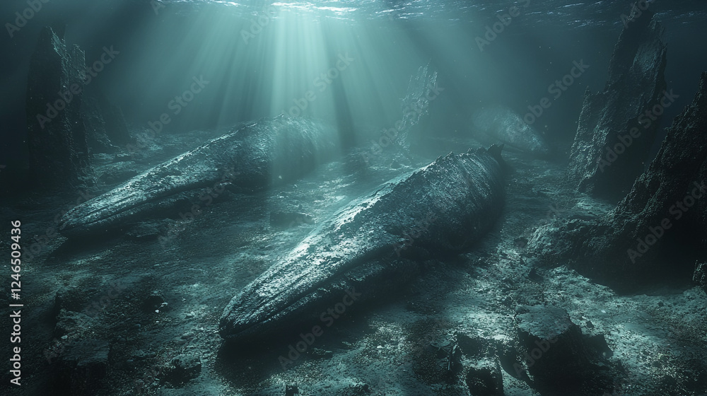 Fototapeta premium Ocean Deep Mysterious Whale Remains Underwater Scene Dark Teal Sea Art Rocks Stone Light Abyss World