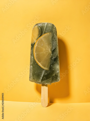  transperent fruit inside popsicle ice cream isolat, on a yellow background photo