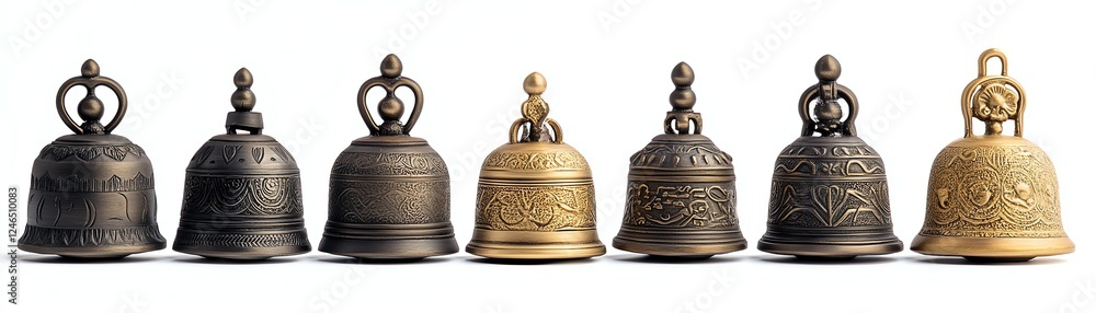 Collection of decorative bells with intricate designs, isolated on white background. Collection of decorative bells with intricate designs, isolated on white background.