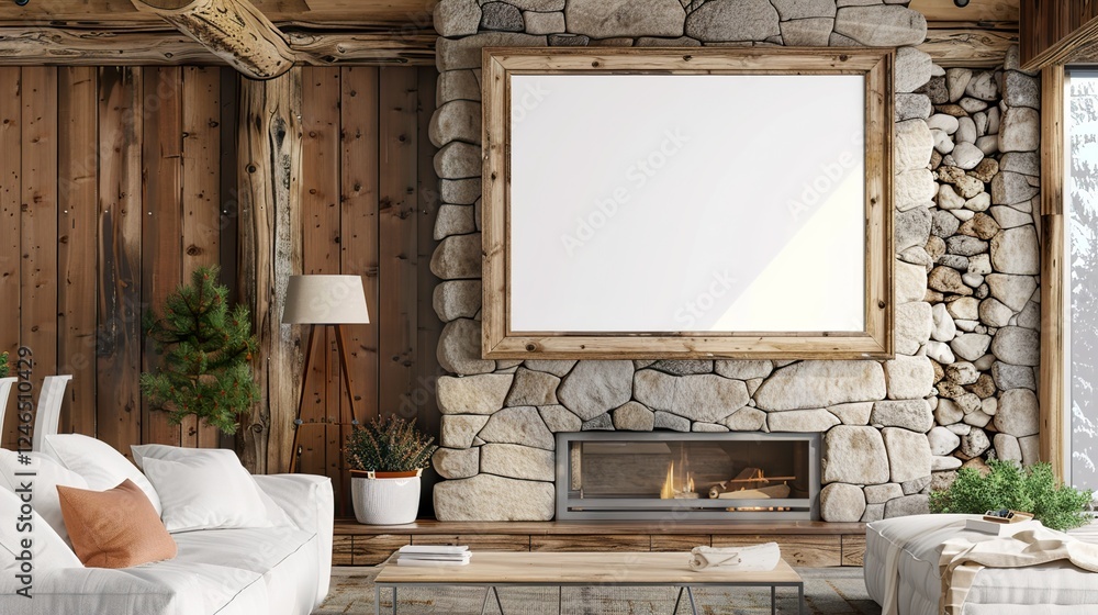 A large rustic frame above a cozy fireplace with stone and wood accents. HD 8K mockup wallpaper Photographic Image A large rustic frame above a cozy fireplace with stone and wood accents. HD 8K mockup wallpaper Photographic Image