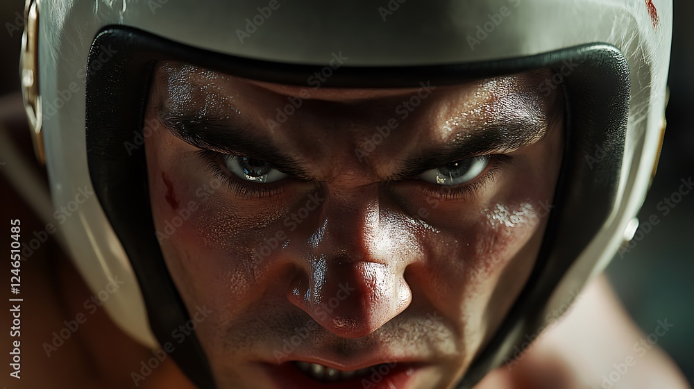A close-up of a fighter's intense expression while wearing a sparring helmet A close-up of a fighter's intense expression while wearing a sparring helmet