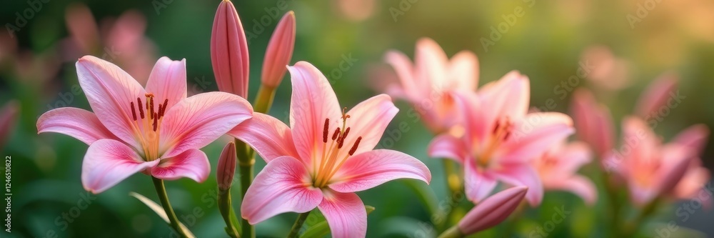 Pastel pink lily flowers blooming in a garden, botanical, gentle Pastel pink lily flowers blooming in a garden, botanical, gentle