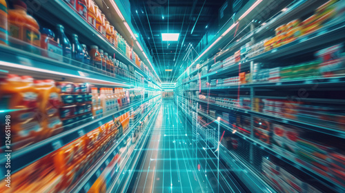 Smart grocery shopping technology capturing natural lighting and dynamic movement, highly detailed and vibrant, realistic yet creative depiction, emphasizing context and action