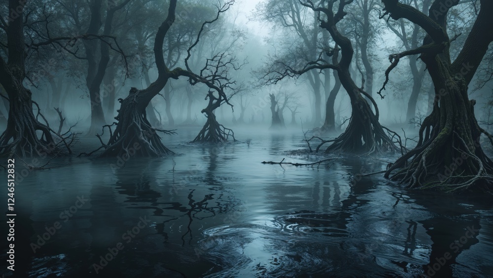 Obraz premium Eerie, misty scene of a swamp with gnarled trees reflected in dark water. The scene is moody, mysterious, and atmospheric.