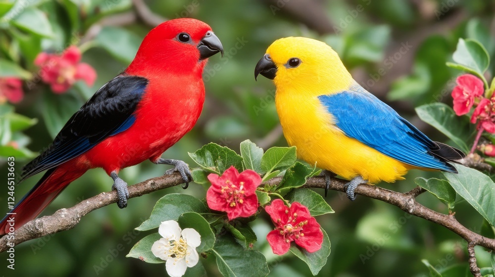 Vibrant Red and Yellow Birds on Blossoming Branches Vibrant Red and Yellow Birds on Blossoming Branches