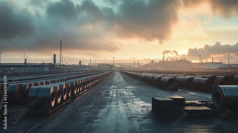 Obraz premium A stunning 4K panoramic view of a steel factory storage area, with rows of cold-rolled steel coils extending into the distance.