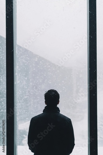 Person watches anxiously as heavy snowstorm obscures the outside world through a large window photo