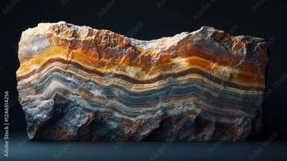 A stunning geological cross-section of layered sedimentary rock, displaying intricate striations, compressed minerals, and realistic depth. Ultra-sharp 4K photography.