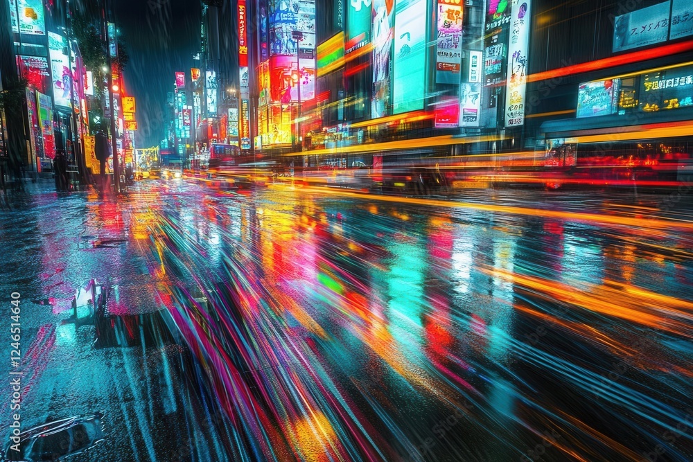 tokyo-inspired cyberpunk street scene with holographic advertisements reflecting in rain puddles, streaming traffic lights create light trails tokyo-inspired cyberpunk street scene with holographic advertisements reflecting in rain puddles, streaming traffic lights create light trails