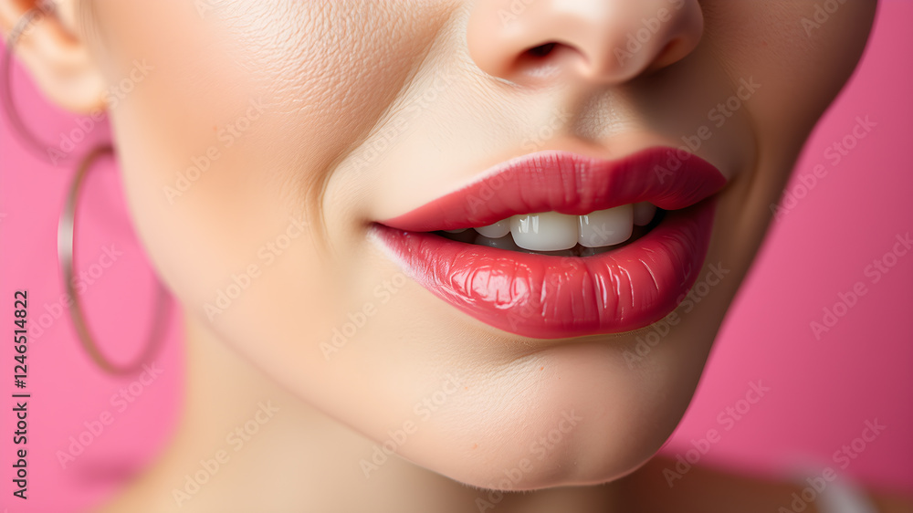 Fototapeta premium Woman with beautiful lips on pink background, closeup. Space for text. generative AI