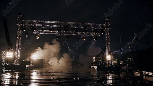 Dramatic lightning storm strikes outdoor stage before performance in the evening