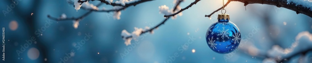Blue and white glass ornament hanging from a bare winter tree branch, festive, decoration Blue and white glass ornament hanging from a bare winter tree branch, festive, decoration