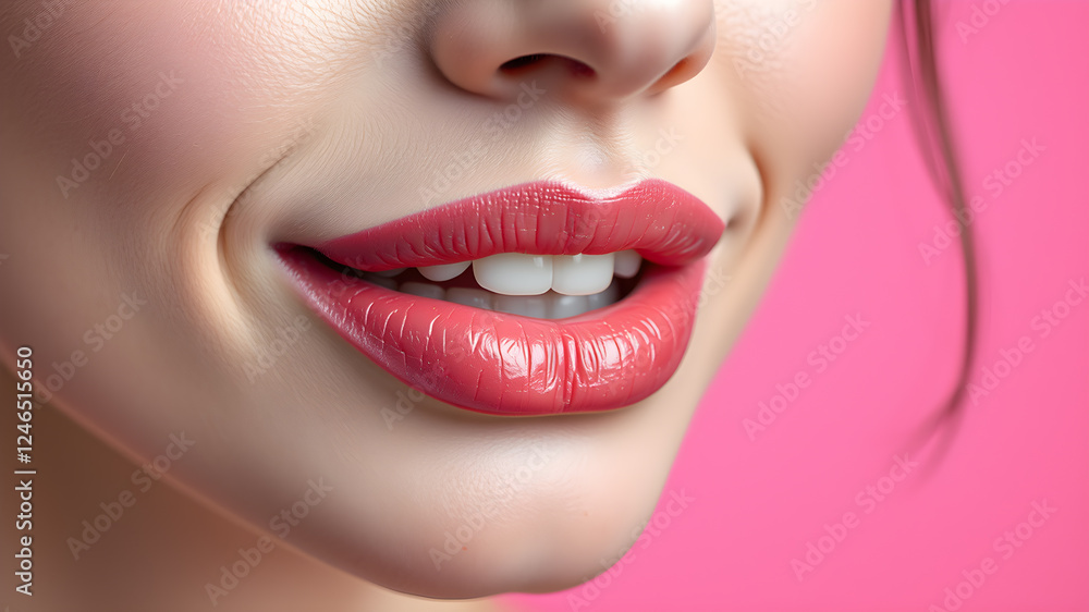 Woman with beautiful lips on pink background, closeup. Space for text. generative AI Woman with beautiful lips on pink background, closeup. Space for text. generative AI