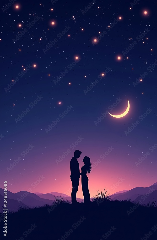 Fototapeta premium Romantic Night Sky with Twinkling Stars and Couple Silhouette