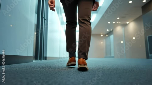 Creative perspective focusing on the feet of a businessman in a brown suit as he walks hurriedly.