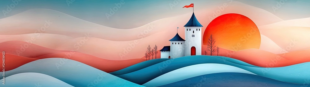 Naklejka premium Flat Art Style Icon of a Medieval Castle on a Hill with Sunset Background and Vibrant Color Palette for Fantasy Theme Illustrations