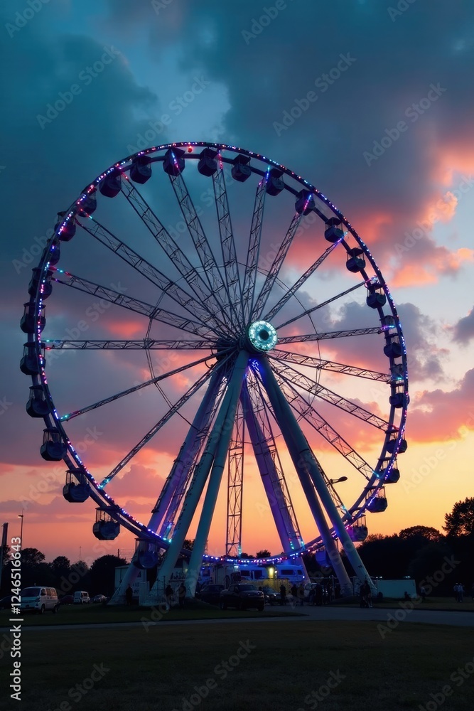 Panoramic wheel at dusk with blue sky and clouds, clouds, sunset Panoramic wheel at dusk with blue sky and clouds, clouds, sunset