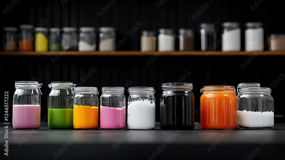 Colorful jars filled with various powders and liquids on a dark background with shelves Colorful jars filled with various powders and liquids on a dark background with shelves