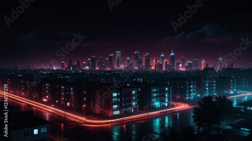 Dark street, night smog and smoke neon light. Dark background of the night city, ray of light in the dark. Gloomy dark background