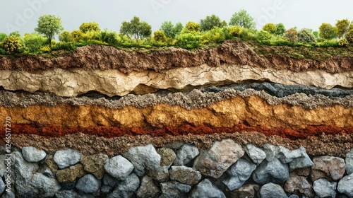 An educational cross-section of earth soil layers, highlighting the different textures of organic matter, sandy subsoil, and rocky bedrock. 4K ultra-photorealistic image.