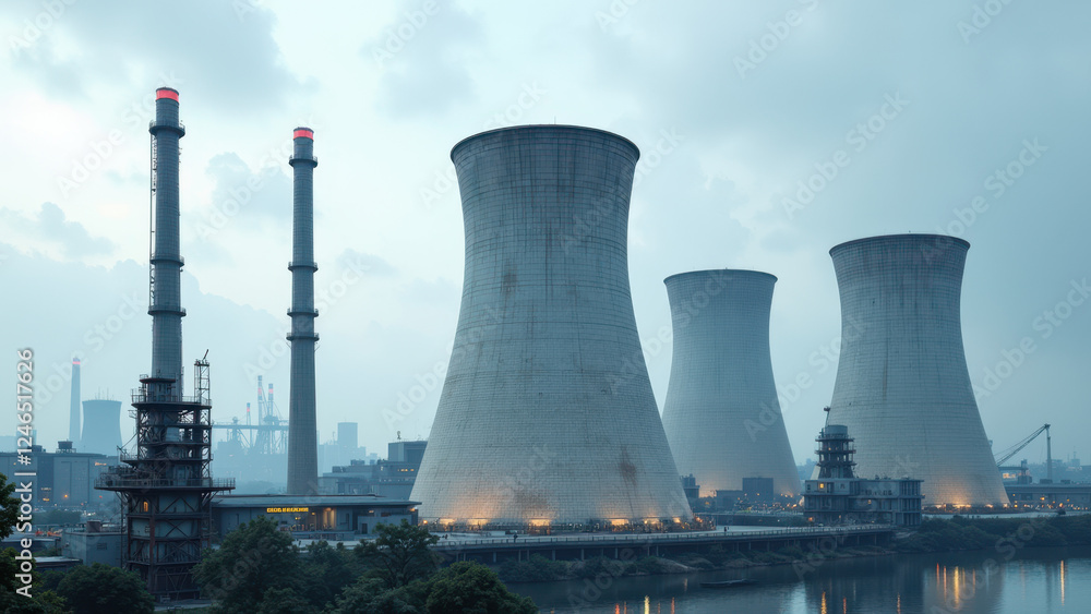 Industrial plant with large reactors under cloudy sky.