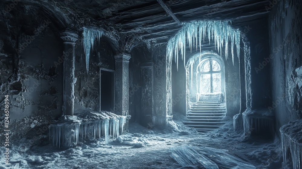 Abandoned icy hallway with icicles, eerie atmosphere and ghostly light. Abandoned icy hallway with icicles, eerie atmosphere and ghostly light.