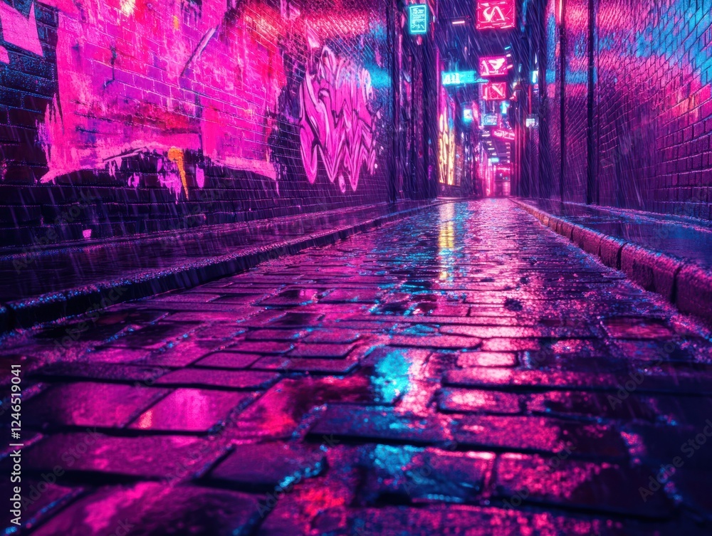 Neon-lit alleyway, rain reflecting, urban graffiti, night scene, cyberpunk background Neon-lit alleyway, rain reflecting, urban graffiti, night scene, cyberpunk background