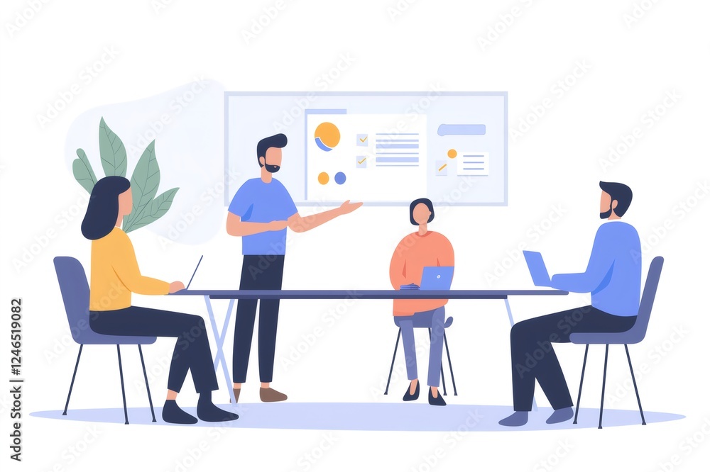 Team working together on laptops in a meeting room while project manager explains strategy using whiteboard Team working together on laptops in a meeting room while project manager explains strategy using whiteboard