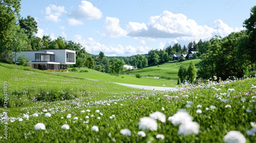 Modern house, hilltop meadow, sunny day, idyllic landscape, real estate Modern house, hilltop meadow, sunny day, idyllic landscape, real estate