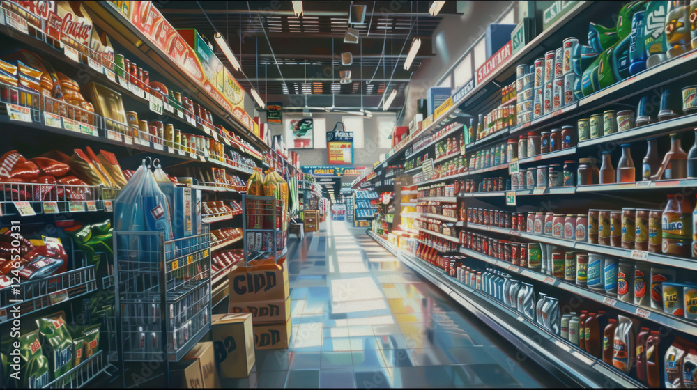 Supermarket shopping capturing natural lighting and dynamic movement, highly detailed and vibrant, realistic yet creative depiction, emphasizing context and action Supermarket shopping capturing natural lighting and dynamic movement, highly detailed and vibrant, realistic yet creative depiction, emphasizing context and action