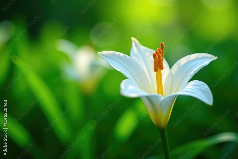Delicate white lily petals unfold on lush green foliage, spring, plantlife Delicate white lily petals unfold on lush green foliage, spring, plantlife
