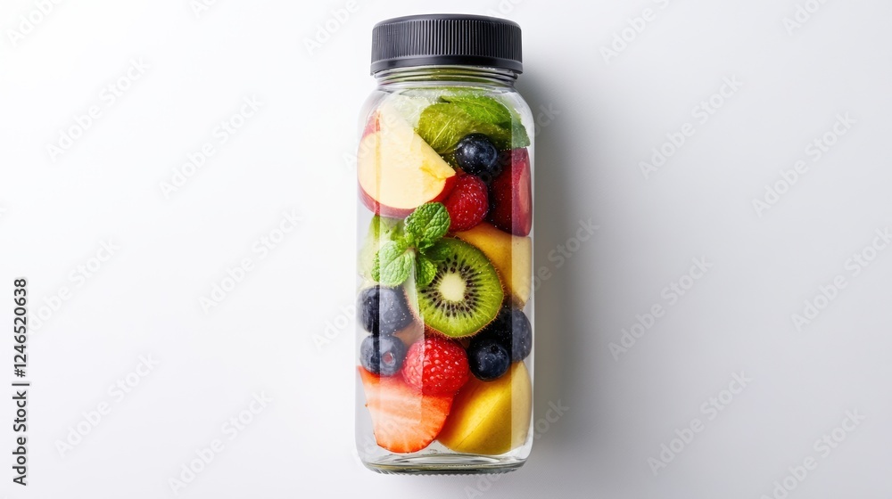 A detox water bottle filled with fresh fruits and herbs, placed on a clean and bright white surface A detox water bottle filled with fresh fruits and herbs, placed on a clean and bright white surface