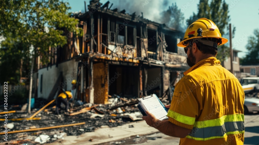 Insurance adjusters assess damage at a partially burned house with smoke still rising as the roof collapses and charred walls remain Insurance adjusters assess damage at a partially burned house with smoke still rising as the roof collapses and charred walls remain