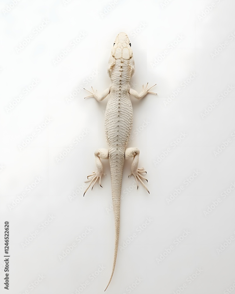 Naklejka premium White lizard resting on a smooth surface, showcasing its unique features and textures, with soft lighting