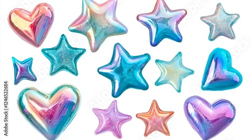 Assorted shimmering stars mixed with heart shapes in holographic textures, high-gloss finish, isolated on white