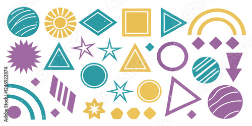 Colorful Hand-Drawn Geometric Shapes Set, Crayon Texture, Vector Illustration