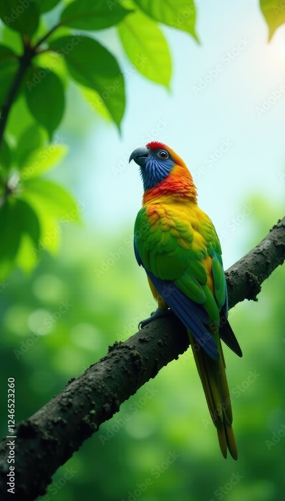 Parrot looking up at the sky on a lush green tree, tree, feathers Parrot looking up at the sky on a lush green tree, tree, feathers