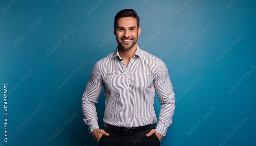Image of happy brunette man wearing formal clothes smiling at camera with hands in pockets Image of happy brunette man wearing formal clothes smiling at camera with hands in pockets