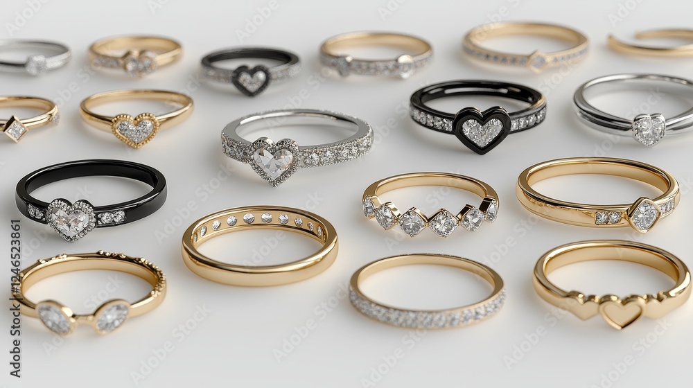 Set of assorted love-themed rings in various styles, including solitaire diamonds and heart-studded bands, neatly displayed on a plain white surface Set of assorted love-themed rings in various styles, including solitaire diamonds and heart-studded bands, neatly displayed on a plain white surface