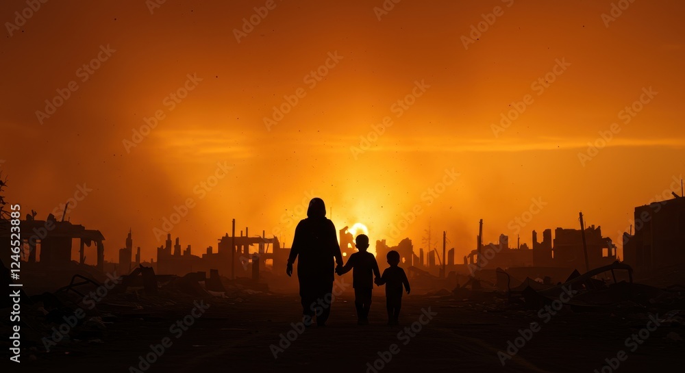 Fototapeta premium A silhouette of a woman walking with two small children through a war torn cityscape