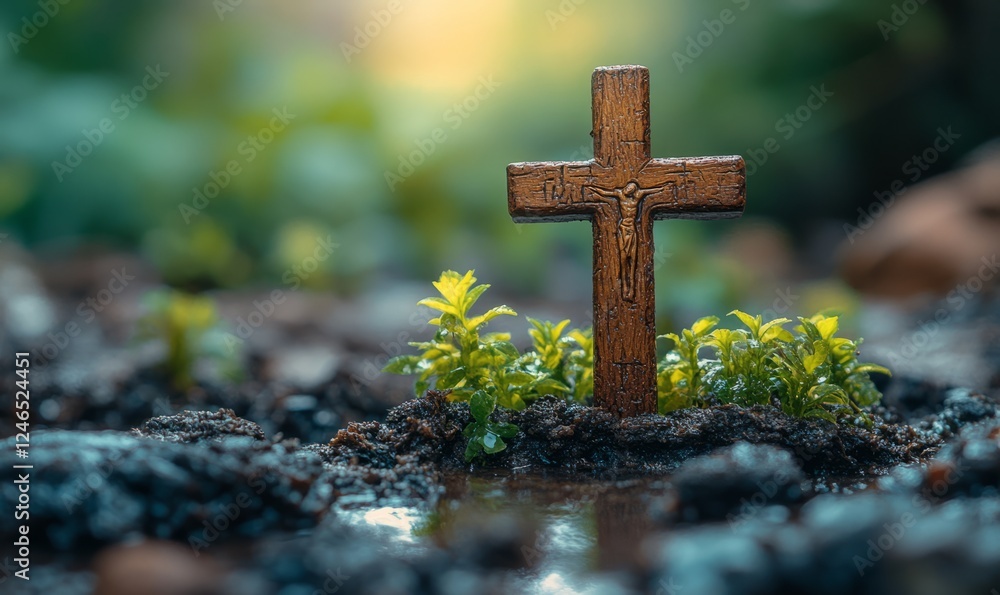 Miniature wooden cross surrounded by greenery in a serene landscape Miniature wooden cross surrounded by greenery in a serene landscape