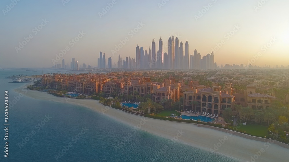 Naklejka premium Coastal city skyline at sunrise, beach, buildings.